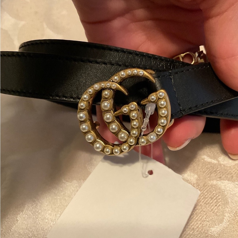 Gucci Black Leather Belt with Gold Pearl Buckle